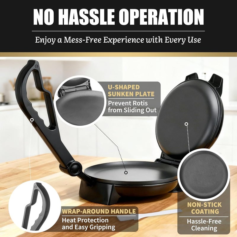 FineMade Compact Roti Maker, 8'' Electric Tortilla Maker Machine, Maquina Para Hacer Tortillas, Crepe Maker,Electric Tortilla Press, Prensa Para Tortillas, Recipe Included, Black - Image 3